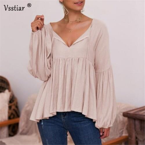 2020 Long Lantern Sleeve Blouse Women Casual Office Sexy V Neck Ladies Shirt Fashion Street Loose Solid Blouses Plus Size