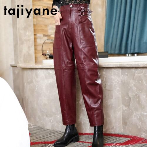 Tajiyane Womens Pants Real Sheepskin Wide Leg Pants Woman Genuine Leather High Waist Trousers Fashion Mujer Pantalones TN2397