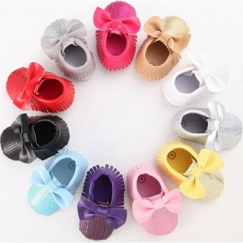 Sweet Newborn Baby Girl Crib Bowknot Sequins Shoes Pram Sole Anti-slip Prewalker PU Leather Tassles Princess Shoes Sneakers