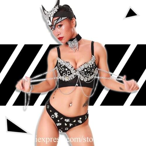 Nightclub Bar Cosplay Cat Woman Headdress Rhinestone Tassel Belly Dance Sexy Lady Bikini Set Suit Party Event Dress Clothes