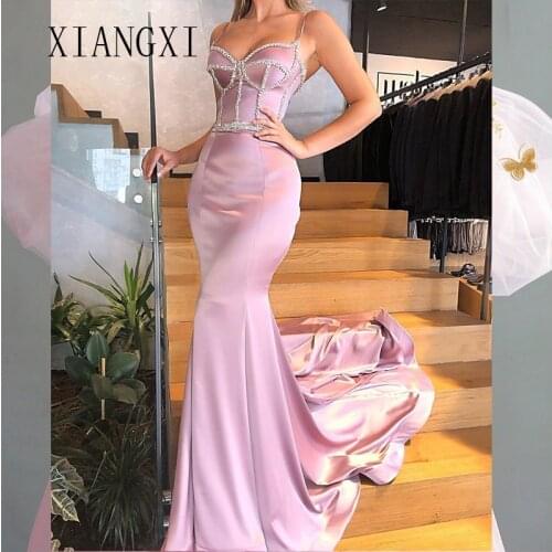 Vestido de festa Evening Dresses Long Satin Spaghetti Strap Hand-Beaded Court Train Evening Dress Formal Gowns Vesitdo De Festa