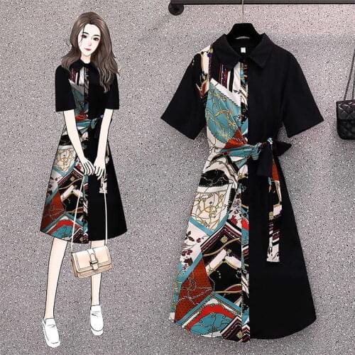 Summer New Style Korean Version Plus Size WomenS Western Style Was Thin Stitching Short-Sleeved Dress Women