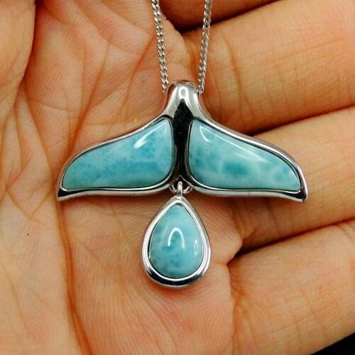 Hot Selling Real 925 Sterling Silver Natural Larimar Whale Tail Tear Drop Pendant Neckalce For Women Gift