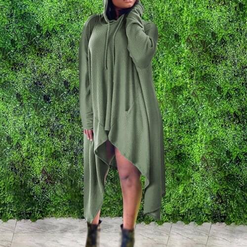 2021 New Womens Plus Size Dress Pullover Hooded Collar Long Solid Loose Irregular One-piece Long Sleeve Autumn Fashion Dress