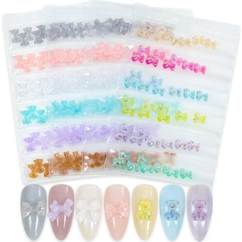 6Grids/Pack 30/48 PCS 3D Aurora Bear Various Jelly Frosted Leather Bowknots Acrylic Nail Art Rhinestone Decorations Manicure DIY