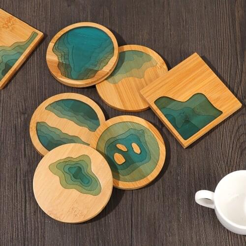 1PC Chinese Landscape Coaster Bamboo Insulation Pad Transparent Epoxy Resin Kitchen Waterproof Placemat Table Mat Home Decor