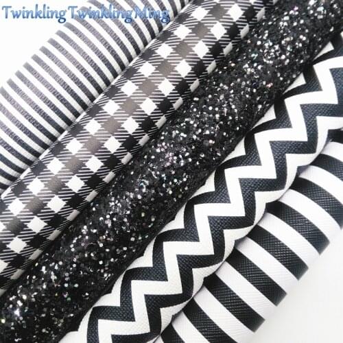 BLACK AND WHITE Chunky Glitter Sheet 8"x11" Glitter Sheets, Stripes Plaid Faux Leather Sheet For Hair Bow & Earring Fabric XM082
