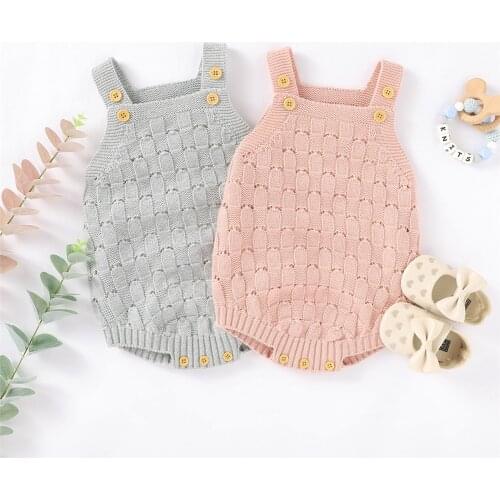 Infant Baby Clothes Knitted Jumpsuit Cotton Sleeveless Sling Loose Solid Color Button Closure Romper Hollow Out