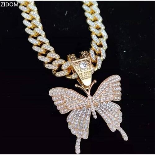 Men Women Hip Hop Iced Out Bling butterfly Pendant Necklace with 13mm Miami Cuban Chain HipHop Necklaces Fashion Charm Jewelry