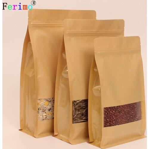 Ferimo 100pcs Tea eight side sealing, sanding, window, kraft paper self sealing bag snack food bag self-supporting bag