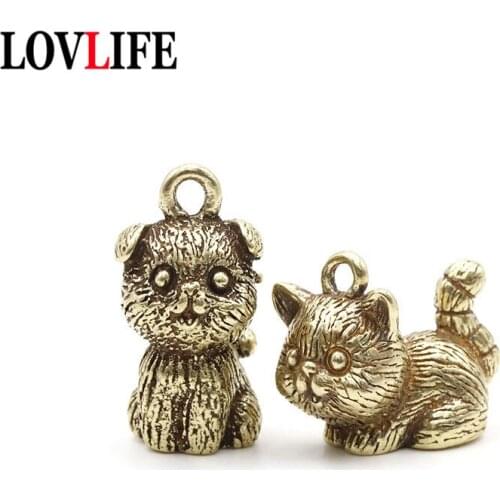 Lucky Cat Dog Figurines Brass Keychain Pendant Cute Cartoon Animal Keyring Bag Hanging Jewelry Car Key Chain Lanyard Child Gifts