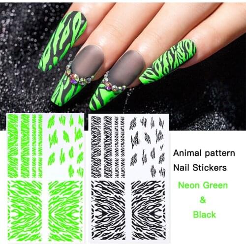 Fluorescence 3D Nail Art Stickers Snake Zebra Leopard Wild Skin Design Neon Green Polish Decal Slider Manicure Tips