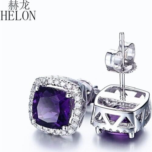 HELON Solid 14K White Gold Cushion Cut 6mm Natural Amethyst & Diamonds Engagement Wedding tud Earrings Women Trendy Fine Jewelry