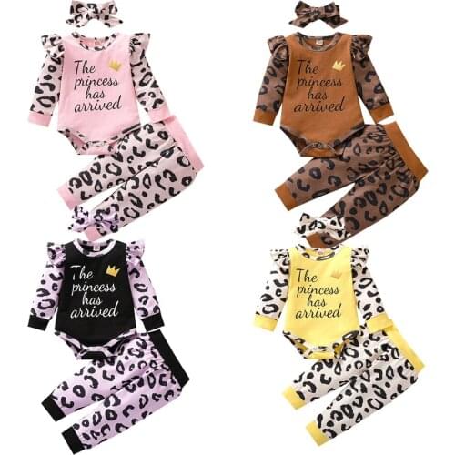 0-24M Newborn Baby Girl Long Sleeve Letter Print Cotton Bodysuit Tops Leopard Long Pant Headband 3PCS Baby Clothing Set