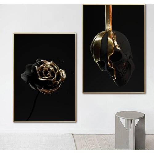 Black And Golden Flower Skull Canvas Painting On Wall Art Poster And Prints Abstract Modern Decor Picture For Living Room Decor