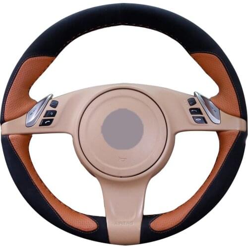 DIY Custom Hand Stitching Black Suede Brown Leather Car Steering Wheel Cover for Porsche Cayenne Panamera 2010 2011