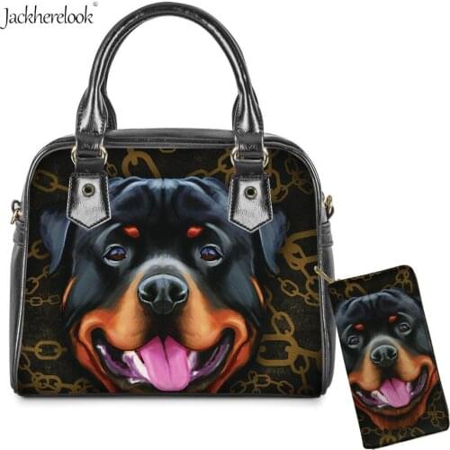 Jackherelook PU Leather Shoulder Bag for Lady 2Pcs/set Rottweiler Dog Pet Messenger Bag Black Animal Print Handbags and Wallet