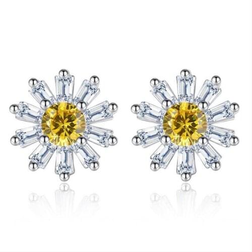 KOFSAC New 925 Sterling Silver Stud Earrings For Women Exquisite Crystal Sun Flower Sweet Daisy Earring Ear Jewelry Gifts Bijoux