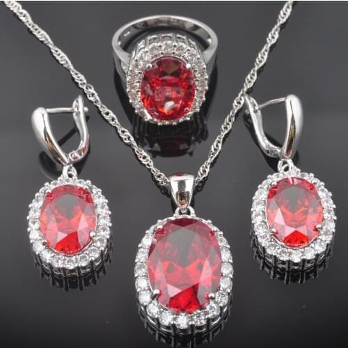 Classic Oval Red Stone Zirconia Womens Silver Color Wedding Jewelry Sets Earrings Pendant Necklace Rings QZ038