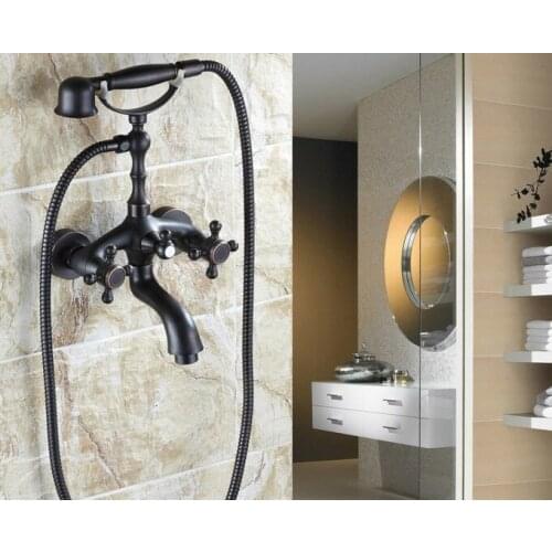 Black Oil Rubbed Brass Double Cross Handles Wall Mounted Claw Foot Bathroom Tub Faucet Mixer Tap With Handshower mtf042