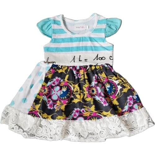 Baby Girl Summer Sky Blue Stripes Mustard Flower Ruffle Sleeves Geometry Pattern Newest Dress with Lace