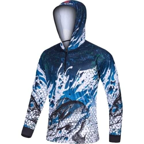 Summer Quick-drying Fishing Clothing Mens Anti-UV Breathable Wicking Fishing Shirt Printed Pattern Fishing Coat Hooded Big Size