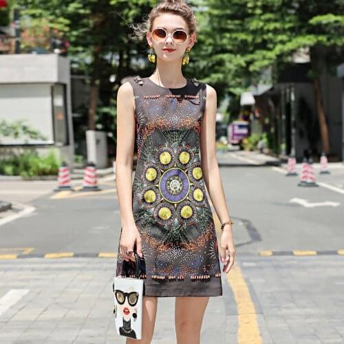 DIDABOLE Designer Mini Dress Summer New WomenS High Quality Round Neck Diamond Print Vintage Fashion Party Vest Dresses
