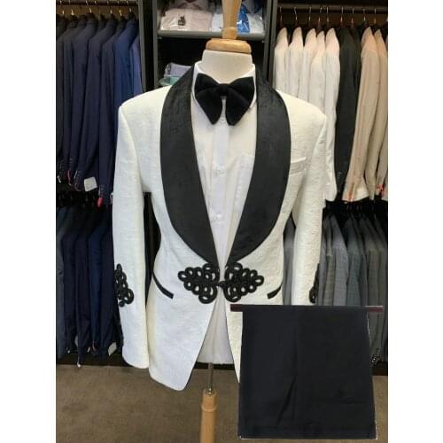 Fashion White Jacquard Black Shawl Lapel Costume Homme Men Suits Wedding Groom Tuxedo Terno Masculino Slim Fit Blazer 2 Pieces
