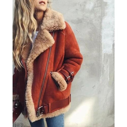 2021 Hot Motorcycle Deerskin Velvet Lamb Wool Jacket Women Lapel Fur Coat