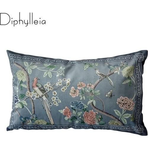 Diphylleia Classical Chinese Style Cushion Cover Flowers And Birds Print Velvet Lumbar Pillow Decorative Asian Throw Pillowcase