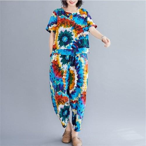 2020 Summer Fashion New Retro Printed Cotton And Linen Suit Loose Round Neck Top + Casual Nine-Point Pants Two-Piece Tide 069