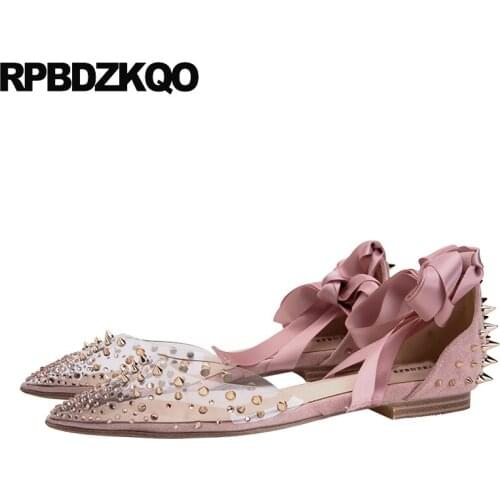 Rubber sole stud fashion designer shoes women luxury 2019 flats metal transparent rivet pink chinese ankle strap pointed toe