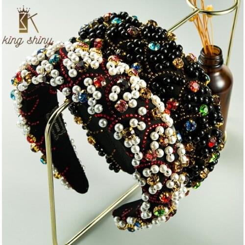 Luxurious Multi Color Crystal Beaded Headband for Woman Vintage Simulated Pearl Rhinestone Padded Sponge Hairband Girl Headpiece
