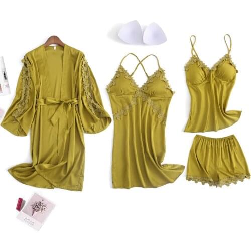 Sexy Sleepwear Women Pijimas Robe+Sleepshirt+Top+Pant 4 Piece Set Girl Underwear Sleepshirt Pajamas Quality New Set