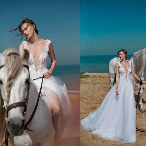 Sexy Split Wedding Dresses Beaded Lace Applique Deep V Neck Tulle Tiered Vestido De Noiva Custom Made Bridal Dress