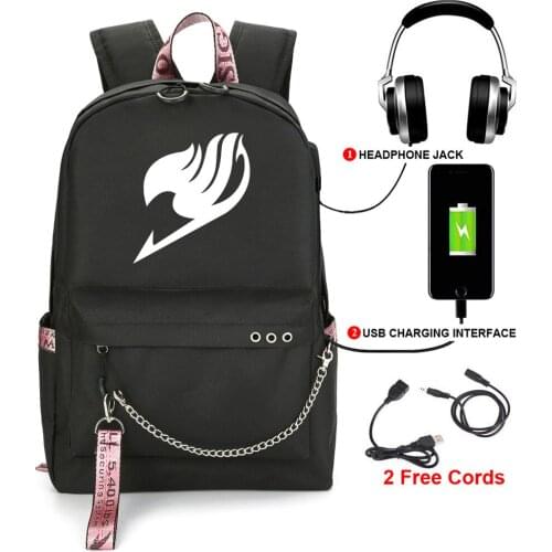 Fairy Tale Anime Printed USB Backpack With Chain Headphone Port School Bags Mochila Travel Laptop Bags