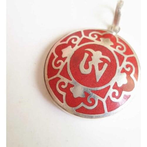 TBP754 Tibetan OM Amulet Pendant White Metal Copper Inlay Colorful Stone