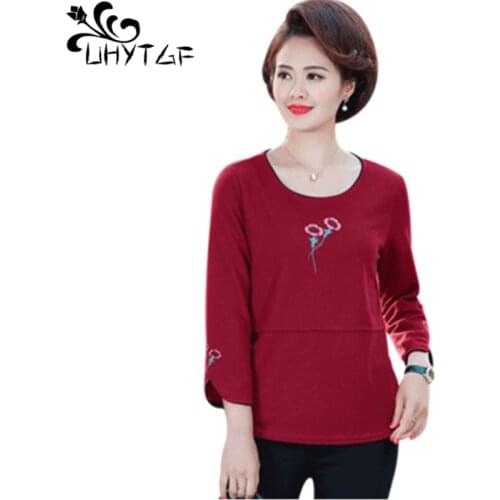 UHYTGF Spring t shirt womens fashion long sleeve embroidered short tops pullover slim plus size tshirt female Autumn clothes 894