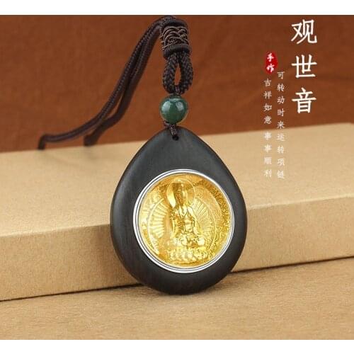 Rotatable Black Sandalwood Guanyin Thangka Kawu Box Pendant Necklace, Good Luck, Sweater Chain, Buddhist Jewelry