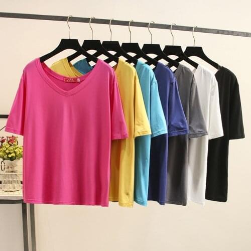 175Kg Plus Size Womens Bust 160cm V-neck Solid Both Sides Wear Modal T-shirt Short Sleeve Casual Female Tops L-6XL