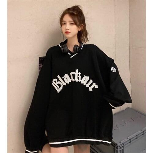 Autumn Winter Sweet V-neck Letter Print Oversized Hoodies Women Fashion All-match Embroidery Sweatshirt Thick Warm Pullover Tops