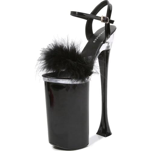 SDTRFT Multicolor fashion Nightclub Feather Fur Red Shoes Woman Sexy Open Toe 26cm Ultra Thin High Heels Female Platform Sandals