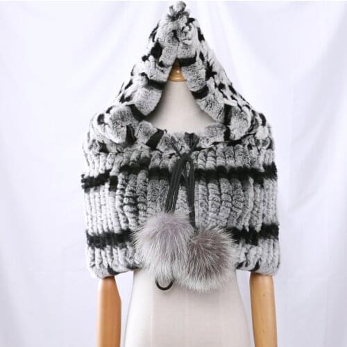 Real Rex Rabbit Fur Knitted Women Winter Hooded Pullover Shoulder Cape Lady Amice Fashion Cappa Tippet Thurg Stole Neck Warmer