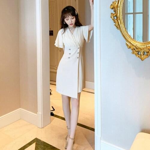 Chiffon Patchwork Elegant Dress for Women Summer Ruffle Sleeve Corset Dress Ladies Sheer Double Button OL Office Work Dress New