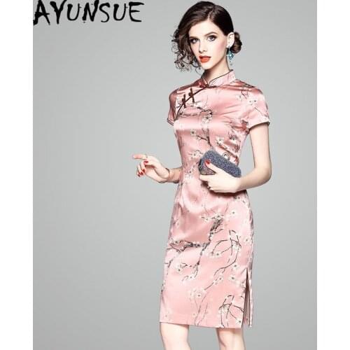 100% Real Silk Summer Dress 2020 Vintage Elegant Sexy Mini Dress Women Clothes Cheongsam Ladies Dresses Pink Dress Vestidos MY