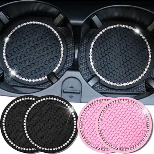 2pcs Non-slip Car Water Cup Pad Diamond Rhinestone Rubber Mat for Bottle Holder Coaster Auto Interior Anti-skid Cup Holders 7cm