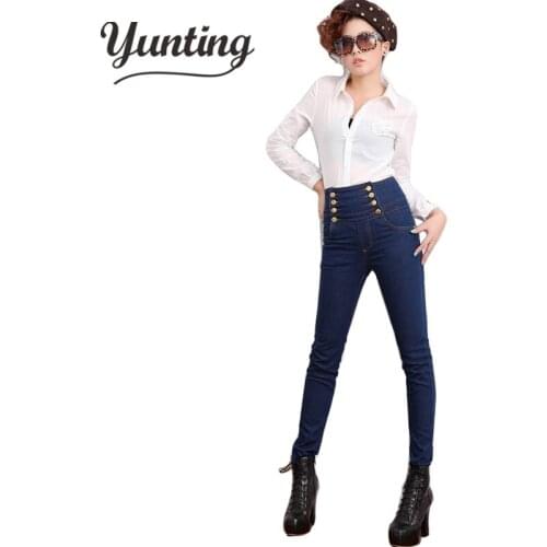 2021 Fashion Women High Waist Skinny Jeans Women double Breasted High Elastic Slim Pencil Pants Size S-XL