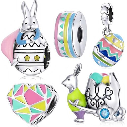2021 New 925 Sterling Silver Easter Mr. Rabbit Colorful Egg Charm Pendant fit Europe Bracelet Woman DIY Bead Jewelry Making