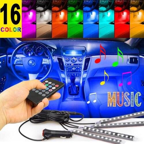 4pcs 12 LED Car Charge Interior Accessories Floor Decorative Atmosphere Lamp Light Remote Control (Color: Multicolor)