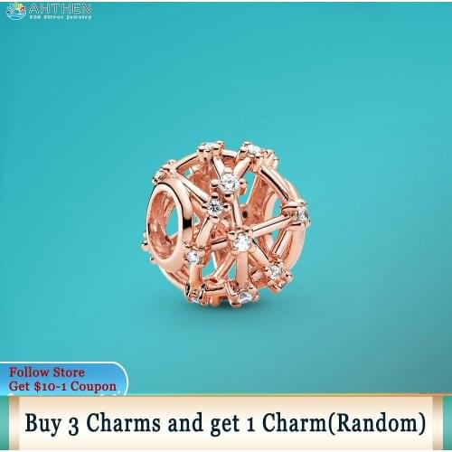 Ahthen 925 Sterling Silver Beads Rose Golden Openwork Star Constellations Charm fit Original Pandora Bracelets for Women Jewelry